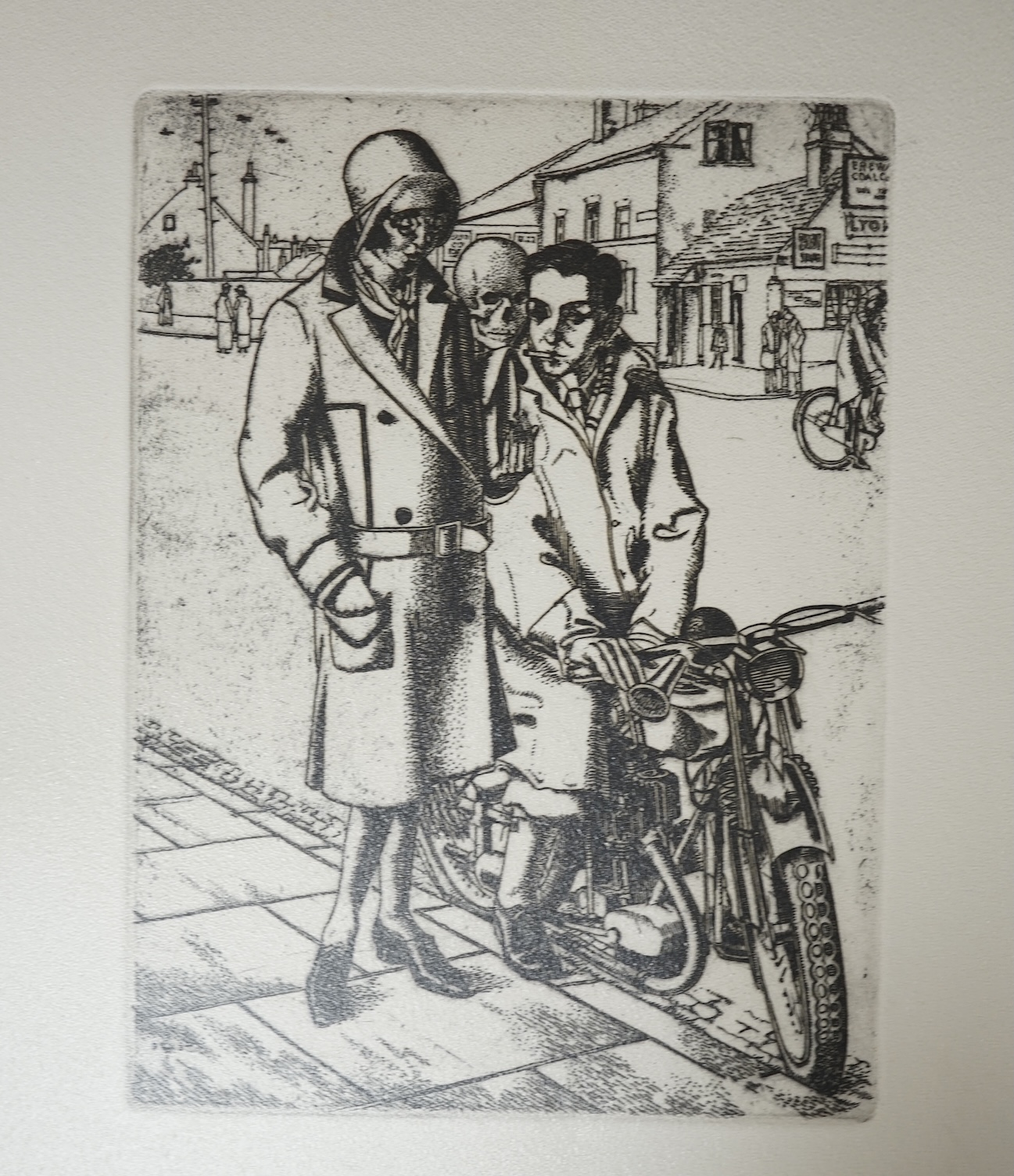 Carl Wragg (Exh. 1936-1937), a folio of assorted etchings and drawings, including macabre death on a motorbike etching, preparatory drawing and copper plate. Condition - fair